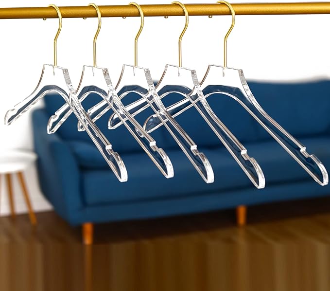 Besser 15 Pack Acrylic Hangers with Gold,Acrylic Clear Hanger,Premium Crystal Dress Hangers Swivel Gold Hook Luxurious Shiny Clothes Hangers(Clear-Style A)