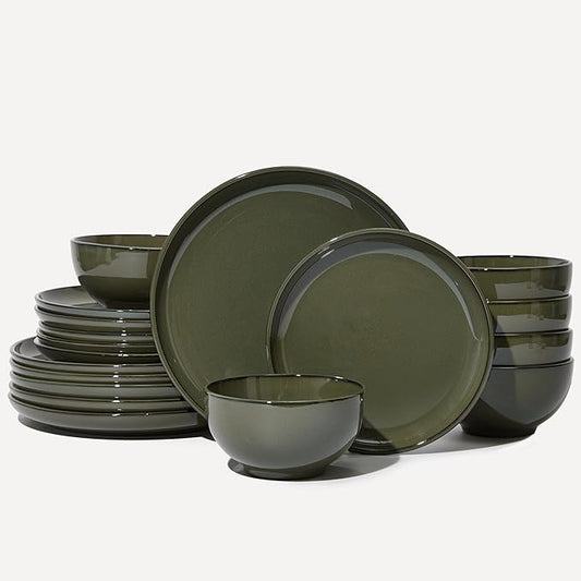 Pokini 18 Piece Dinnerware Set for 6, Reactive Glaze Terracotta Plates and Bowls Set, Large Family-Sized Stoneware Dish Set for Gatherings, Chip and Scratch Resistant, Blackish Green