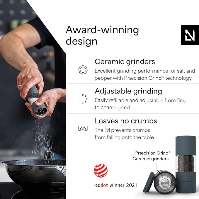 LARS NYS횠M Salt and Pepper Grinder Set, Manual Salt and Pepper Mills with Adjustable Ceramic Grinder, Design Spice Shaker Set (Stone Blue)