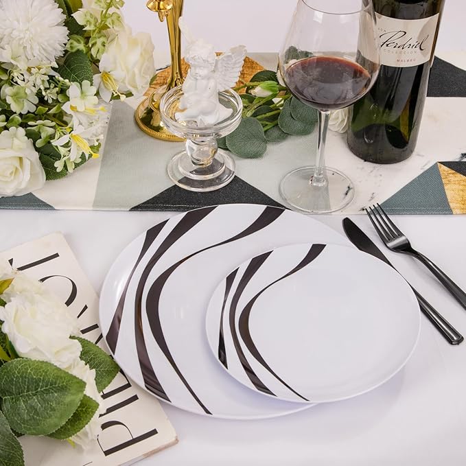 EI 60pcs Black and White Plastic Plates for Party,Black Rim Disposable Plates,Fancy Plastic Dinner Plate,Disposable Dessert Plate for Famiily Event,Wedding,Afternoon Tea,Business Events,Hotel
