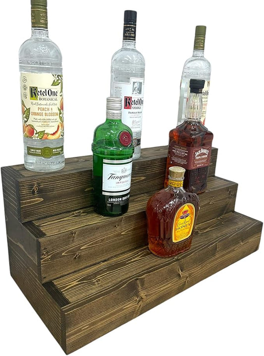 Handmade Tiered Display Shelving - Three Tier Bar Display - Bar Organizer - Liquor Bottle Display (24" with Back, Dark Walnut)