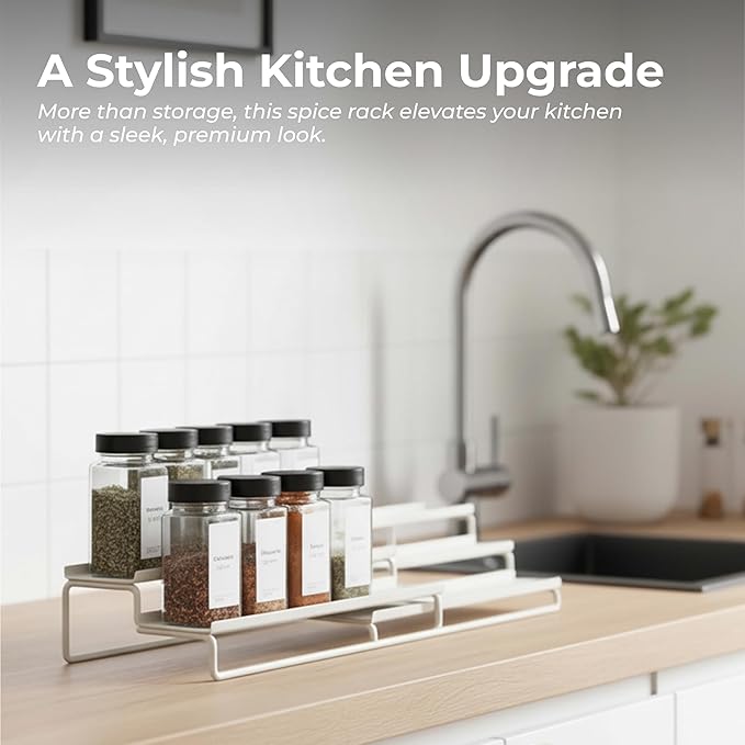 Tiered Spice Rack Organizer ??Warm Gray Metal Countertop & Cabinet Spice Stand, Strong & Sturdy 3-Tier Shelf for Kitchen, Pantry, Seasoning Bottles ??Minimal Scandinavian Design