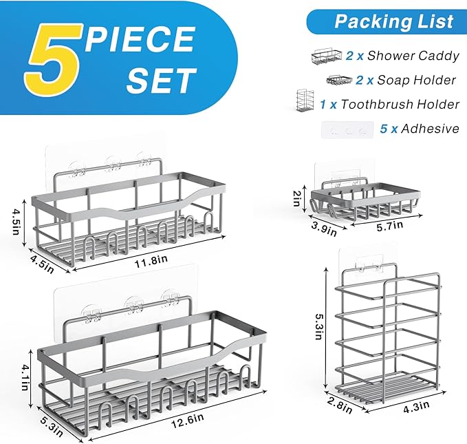 EUDELE 5-Pack Rustproof Stainless Steel Shower Caddy ??No Drill Adhesive Bathroom Organizer with Large Capacity, Spacious Shower Shelves for Inside Shower, Kitchen & Home Decor Storage-XL Size
