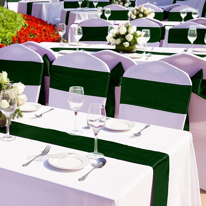 ANECO 4 Pack Satin Table Runner 12 x 108Inch Long Bright Silk and Smooth Fabric Party Table Runner for Wedding Banquet Party Decoration- Forest Green