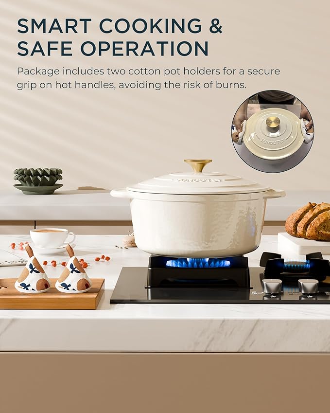 Enameled Cast Iron Dutch Oven - 4.5QT Pot with Lid & Cotton Potholders - Heavy-Duty Cookware for Braising, Stews, Roasting, Bread Baking, Oven Safe up to 500째 F & Across All Cooktops, Cream White