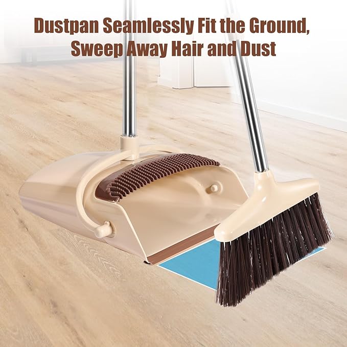 Broom and Dustpan Set with Long Handle ??Upright Standing Broom Combo with Self-Cleaning Teeth & Windproof Dustpan, Floor Sweeper for Home, Kitchen, Pet Hair, Indoor Outdoor Use