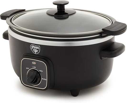 GreenLife 3.5QT Slow Cooker, PFAS-Free Non-Toxic Ceramic Nonstick Removable Interior Bowl, Programmable, Keep Warm, Stovetop & Oven Safe Pot, Dishwasher Safe Crock & Glass Lid, Black
