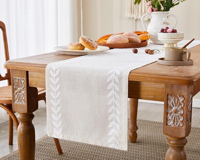 Wracra Embroidered Table Runner Irregular Willow Leaf Table Runners 60 Inches Long for Dresser Home Dining Table Decor,14 x 60 Inch, White