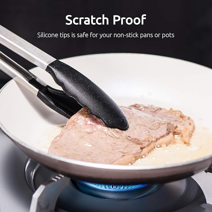 Kitchen Tongs, U-Taste 7/9/12 inches Cooking Tongs, with 600쨘F High Heat-Resistant Non-Stick Silicone Tips, 18/8 Stainless Steel Handle, for Food Grill, Salad, BBQ, Frying, Serving, Pack of 3(Black)