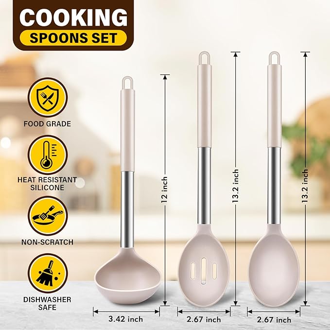 3Pcs Silicone Cooking Spoon Set, Kitchen Utensils Include Solid & Slotted Spoon, Soup Ladle, Food-Grade Heat Resistant 446째F, Non-Scratch Spoons for Serving, Stirring, Draining, Dishwasher Safe, Khaki