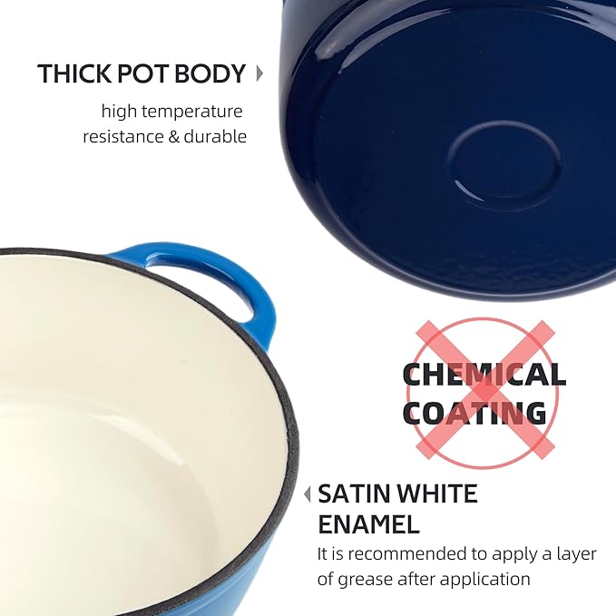 6 Quart Dutch Oven Enameled Cast Iron with Lid - Big Dual Handles - Oven Safe up to 500째F - Classic Round Pot for Versatile Cooking (Blue, 6 QT)