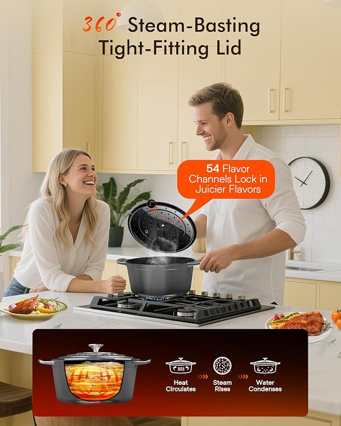 Nuwave 6QT Healthy Enameled Cast Iron Dutch Oven Pot with Lid, Heavy Duty 7-Layer Enamel, Enhanced Rust Protection, Dual Handles, Oven Safe to 500째F for Sourdough Bread Baking, Braise, Stew, Roast