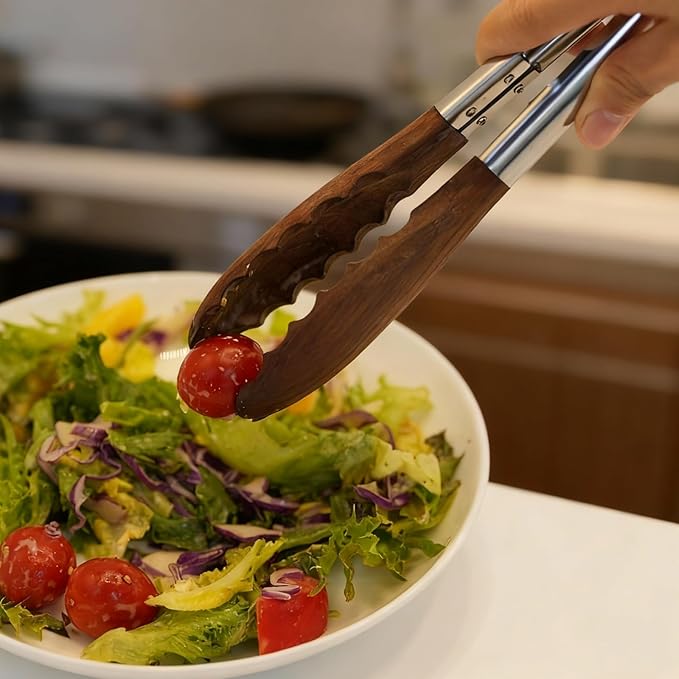Kitchen Wooden Tongs for Cooking - Nonstick Kitchen Salad Tongs for Serving Food, Grilling, Cooking, BBQ and Tossing Salad - Made of Natural Walnut Wood, Size 12-inch