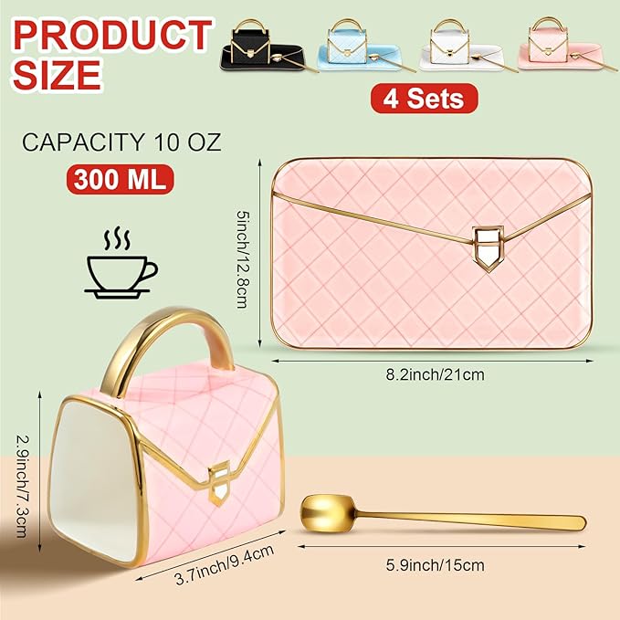 Zubebe 4 Sets Coffee Mug Elegant Handbag Shaped Cup Valentine's Day Modern Ceramic Purse Mug with Spoon and Saucer, 10oz Cute Creative Tea Cup for Woman Girls Gift (Pink,Blue,Black,White,)