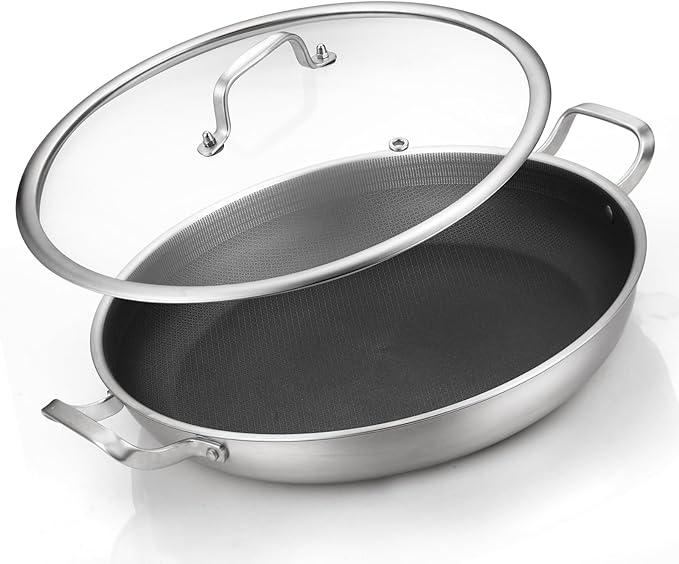 Tri-Ply Stainless Steel Paella Pan Large Saute Pan with Lid (Stainless Steel, Hybrid 12INCH)