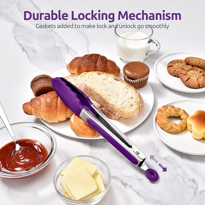 600쨘F Heat Resistant Kitchen Tongs: U-Taste 9 inch Silicone Cooking Tong with Firm Sealed Non Stick Rubber Tips & Silicon Coated 18/8 Stainless Steel Handle & Smooth Locking for Serving Grill (Purple)