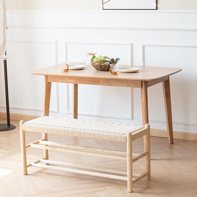 XINNAN Solid Wood Entryway Bench with Shoe Storage, Rustic Oak Wood and Woven Design 39.4 Inch Long Seating for Living and Dining Rooms, 3-Tier Nature