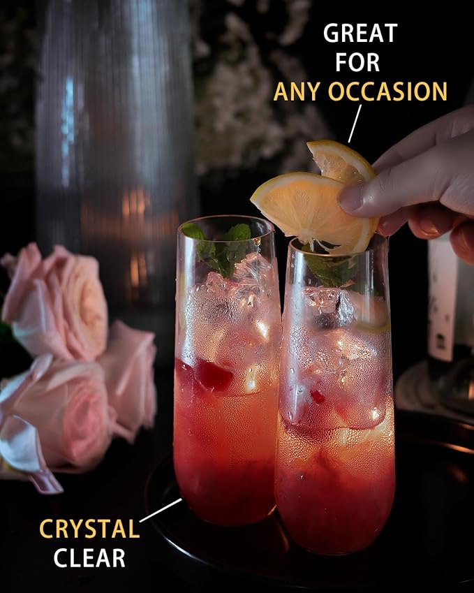 24 Pcak Champagne Flutes Plastic, 9 Oz Disposable Stemless Mimosa Clear Toasting Glasses, Clear Crystal Plastic Cocktail Cups for Party Wedding Birthday