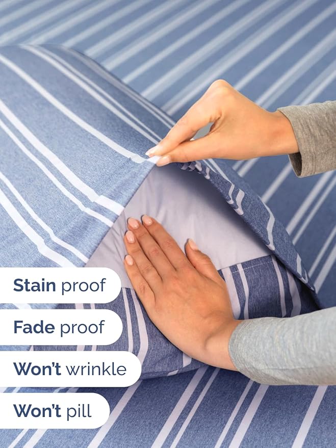 Extra Deep Pocket Full Sheets - 4 Piece Breathable & Cooling Bed Sheets - Hotel Luxury Bed Sheet Set - Soft, Wrinkle Free & Comfy - Easily Fits Extra Deep Mattresses - Deep Pocket Blue Striped Sheets