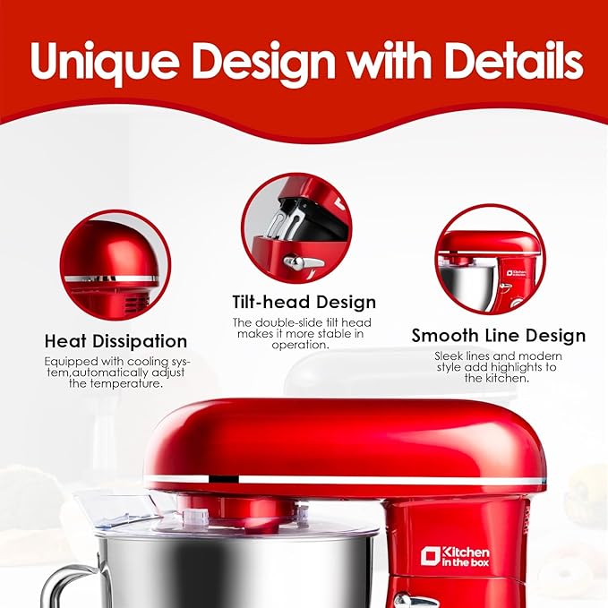 Kitchen in the box Stand Mixer - 8.5 Quart Electric Kitchen Standing Mixer 900 Watt for Heavy Bread Dough,Baking,Cake,Cream & Batters,Tilt Head Design (Red)