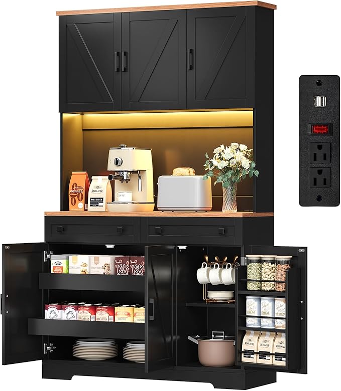 ELYKEN 71" Pantry Cabinet with Charging Station & LED Lights, Tall Kitchen Pantry with Hutch, Microwave Stand, Farmhouse Pantry with Door Shelf & Drawer & Adjustable Shelf for Dining Room, Black