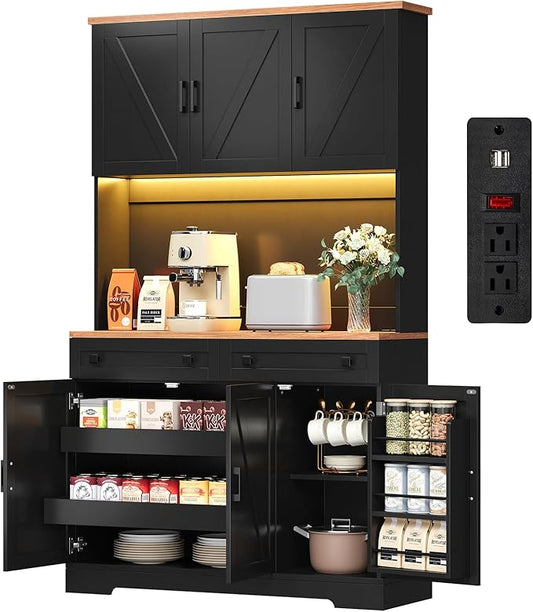 ELYKEN 71" Pantry Cabinet with Charging Station & LED Lights, Tall Kitchen Pantry with Hutch, Microwave Stand, Farmhouse Pantry with Door Shelf & Drawer & Adjustable Shelf for Dining Room, Black