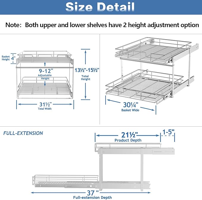 ROOMTEC Individual Pull Out Cabinet Organizer (31쩍" W x 21쩍" D), 2 Tier Spice Rack Organizer for Cabinet, Slide Out Drawer Pantry Shelf Organization and Storage for Kitchen Bathroom