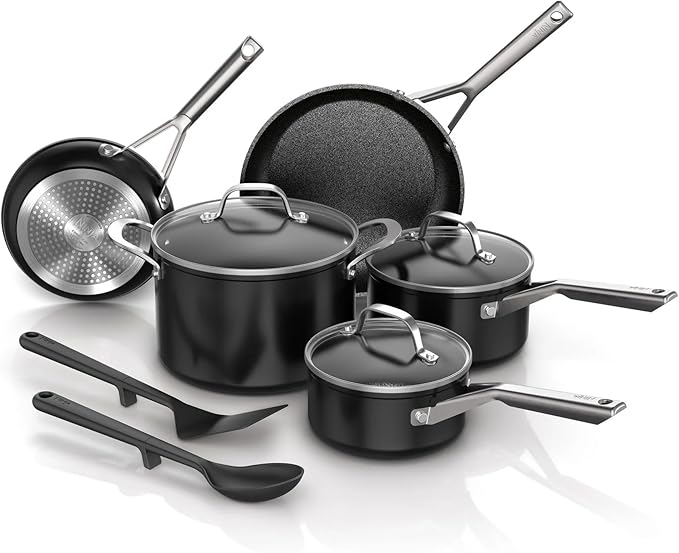 Ninja NeverStick Essential 10-Piece Cookware Set, C19010 ??Durable Nonstick Pots & Pans, Hard-Anodized, Oven Safe to 500째F, Even Heat Distribution, Metal-Utensil Safe, Dishwasher Safe