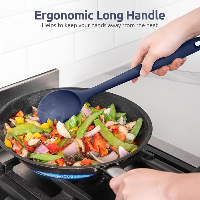 600쨘F Heat Resistant Silicone Spoon: U-Taste 13.3in Solid Kitchen Cooking Spoon, Nonstick Food Grade Large Soup Rubber Utensil for Mixing, Serving, Stirring, Basting, for Pot Cookware (Midnight Blue)