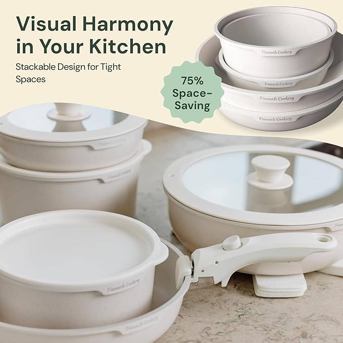 15-Piece White Granite Nonstick Cookware Set ??Detachable Handles & Tempered Glass Lids ??Stackable & Cool-Touch - Induction & Oven Safe to 480째F - Scratch-Resistant, PFOA & PFOS-Free