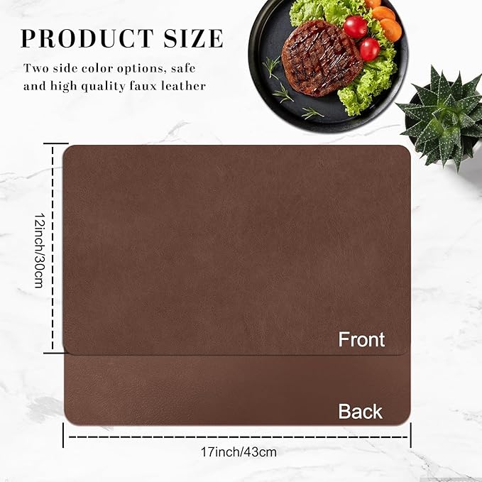 Faux Leather Placemats, Set of 4, 12''횞17' Textures on Both Sides, Heat-Resistant, Waterproof and Oil-Proof, Reversible Place Mats for Kitchen, Dining Table, Outdoor - Brown