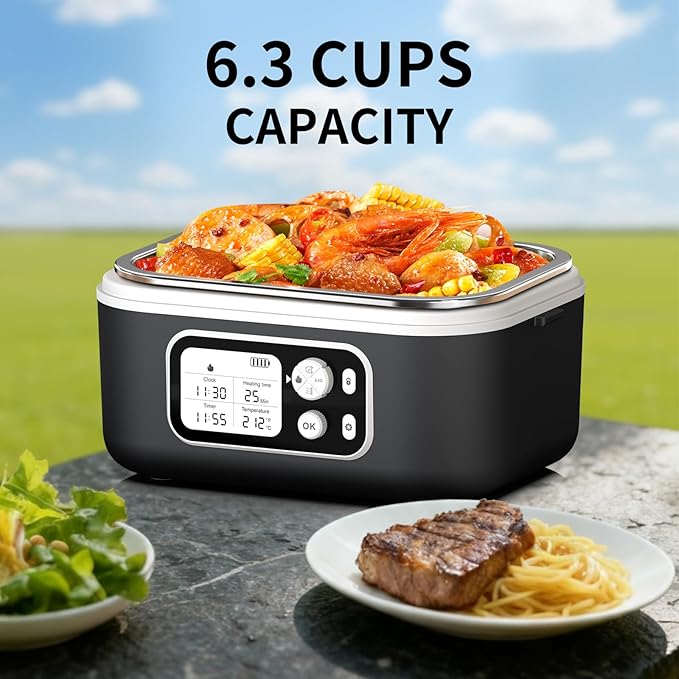EDCREATY Cordless Electric Heated Lunch Box, 1.5L 6.3Cups 24000mAh Rechargeable Battery Self-Heating Lunch Box, Smart Timer, Even Heating, 100W Portable Food Warmer for Office, Picnic, Car, Outdoor
