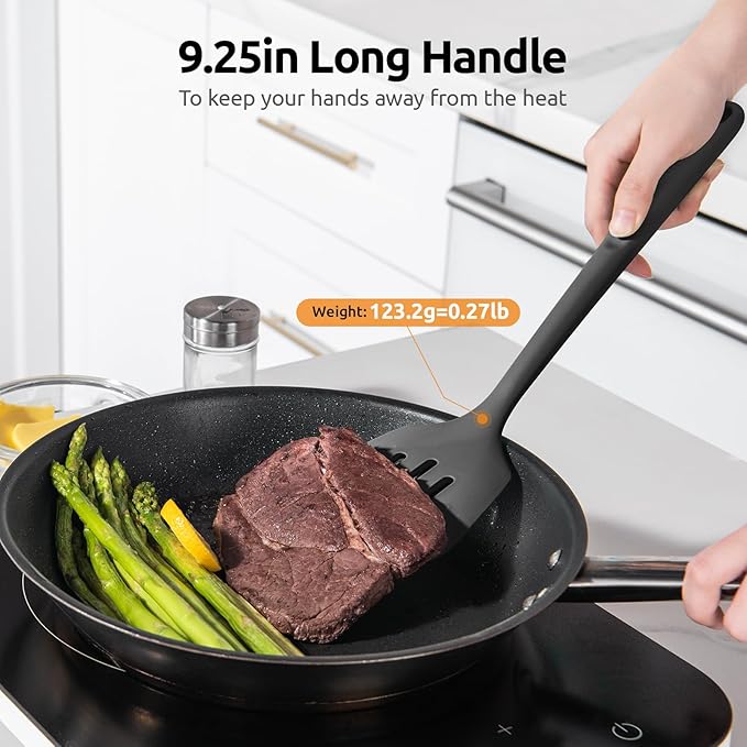 600쨘F Heat Resistant Slotted Turner: U-Taste 13.6in Silicone Kitchen Spatula Flipper, 3.74in Wide Food Grade Flexible Thin Rubber Cooking Utensil for Egg, Pancake, Cookie in Nonstick Cookware (Black)