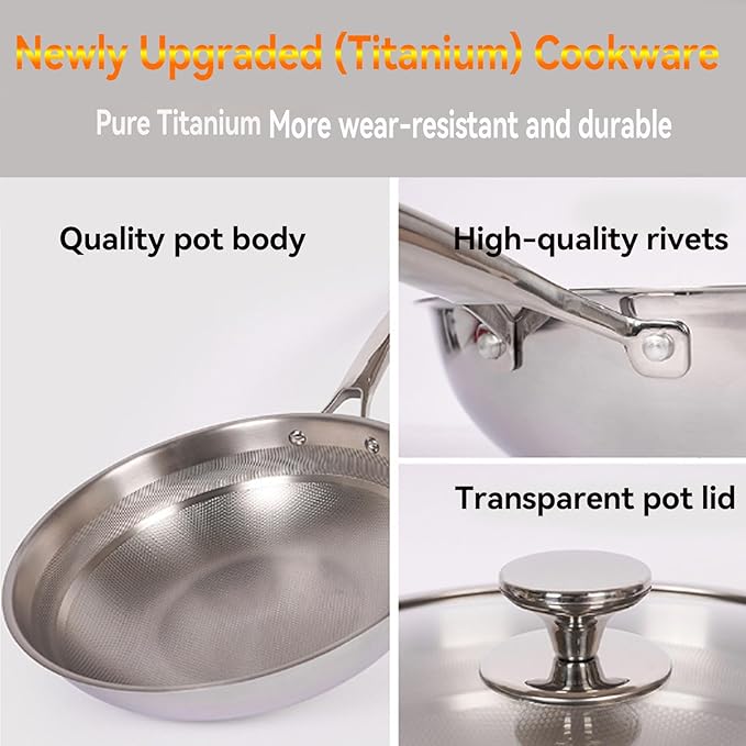 Titanium Hammered Wok Pure with Lid, No Coating Non-Stick Titanium Cookware, Frying Pans, Hammered Pan, Ultra-Durable, Scratch-Resistant, Safe for Oven, Induction & Cooktops Up To 750째F,11.81i