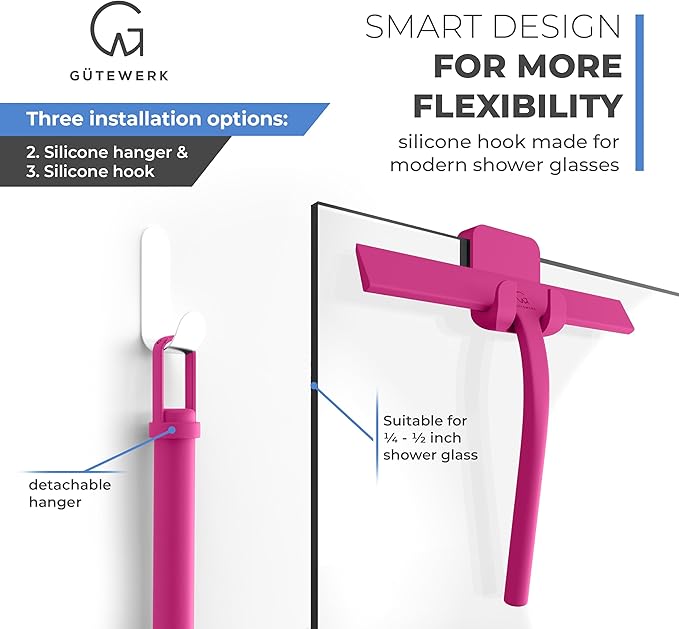 G횥TEWERK Shower Squeegee for Glass Doors, Silicone Window Squeegee, Bathroom and Glass Cleaning - Pink - 11 Inch