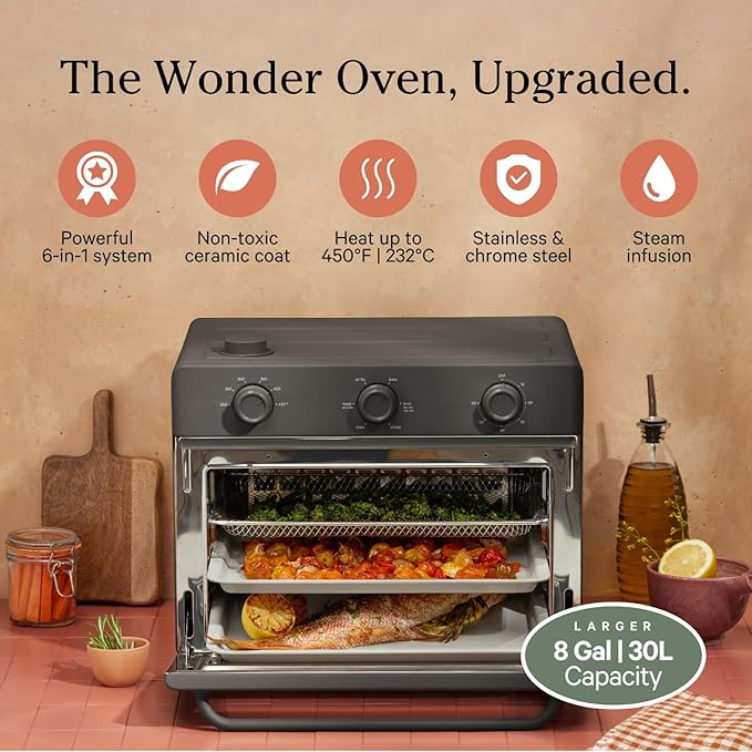 Our Place Large Wonder Oven | 6-in-1 Stainless Steel Air Fryer Toaster Oven Combo with Basket, Rack, Pan & Tray | 3-Rack, 32 QT, Large Capacity - Toast, Roast, Bake, Reheat, Broil & Steam | Char