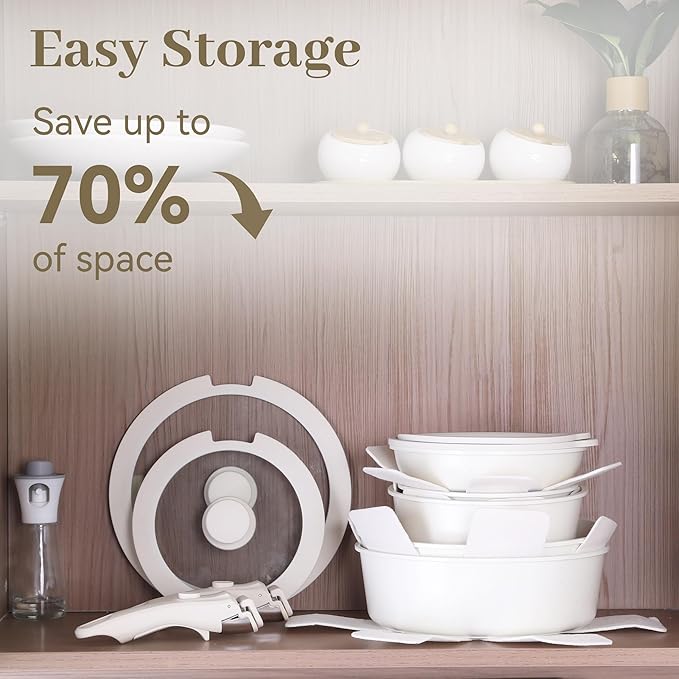 15-Piece Ceramic Nonstick Pots and Pans Set ??Kitchen Cookware with Detachable Handle, RV Camping Cookware Set ??Oven & Dishwasher Safe, PFOA-Free ??Cream White