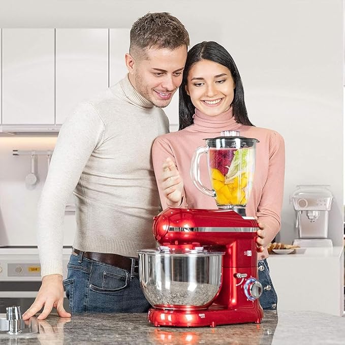 VIVOHOME 3-in-1 Stand Mixer, 6 Quart Electric Tilt-Head Kitchen Mixer with Bowl, Multifunctional Food Mixer with Meat Grinder and Blender Attachments, Dough Hook, Beater, and Whisk, Red