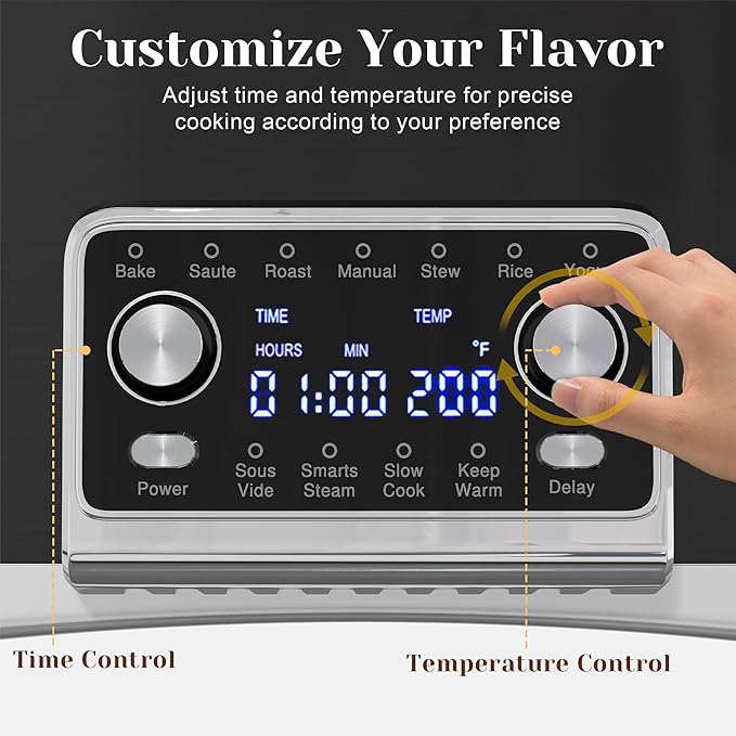 Sunvivi 8 Quart Slow Cooker Roaster Oven, 12 in 1 Programmable Multi-Cooker Food Warmer with Digital Timer, Temp Control, Removable Cast Aluminum Pot & Dishwasher-Safe Tempered Glass Lid, Black