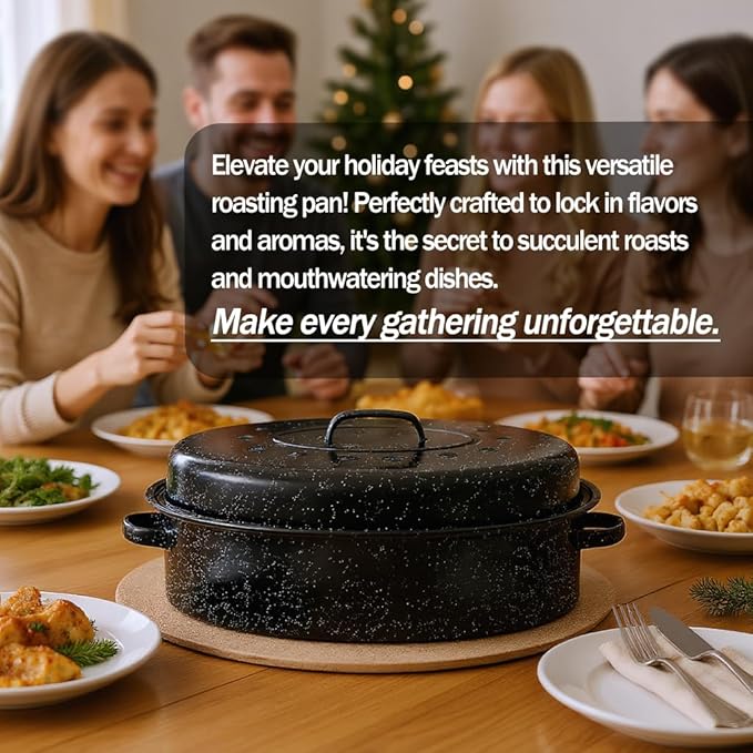 19??Turkey Roasting Pan Enamel Oval Granite Large Roaster Pan with Lid with 17in Inner Diameter Large Capacity Suitable for Thanksgiving Enamel Cook Ware Dishwasher Compatibility Oven Christmas Gift