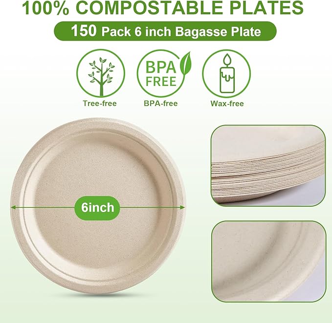 6 Inch Compostable Paper Plates - 150 Counts, Heavy-Duty Disposable Eco-Friendly Sugarcane Plates
