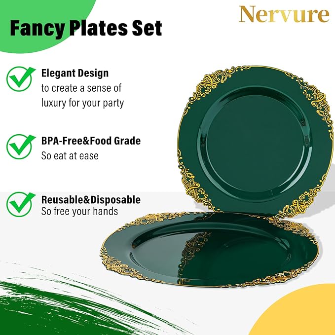 Nervure 350PCS Green Plastic Plates - Green Gold Plastic Dinnerware Sets for 50 Guests - 100 Disposable Plates, 150 Gold Silverware, 50 Cups, 50 Napkins for Wedding & Party
