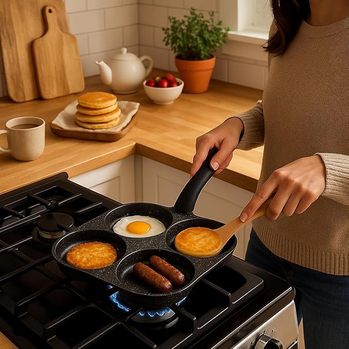 Non Stick 4 Cup Breakfast Pan Multi Section Skillet with Flat Bottom Frying Pan for Eggs Pancakes Mini Burgers Sausages and Daily Cooking Use Ideal for Home Kitchen Meal Preparation