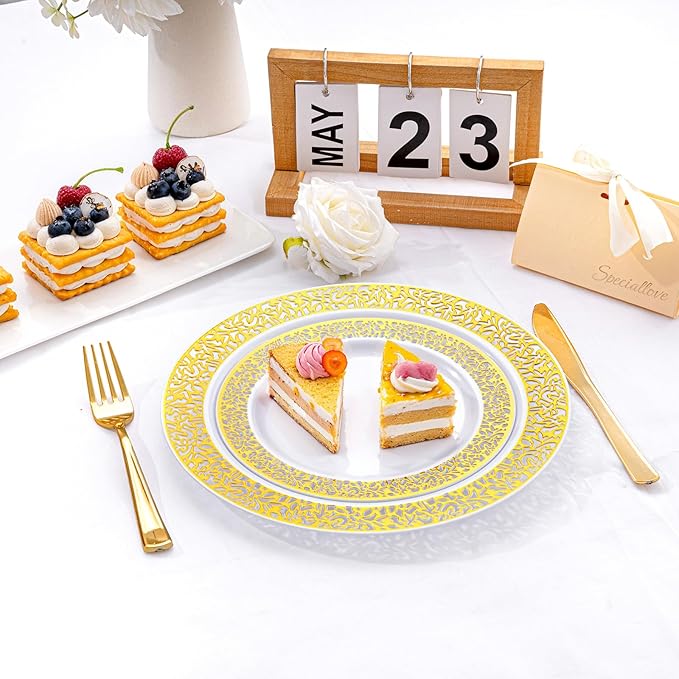 I00000 200 Pcs White and Gold Plastic Plates, Disposable Plastic Plates for 100 Guests Include: 100 Pcs Dinner Plate 10.25??and 100 Pcs Dessert Plate 7.5??Perfect for Party and Wedding