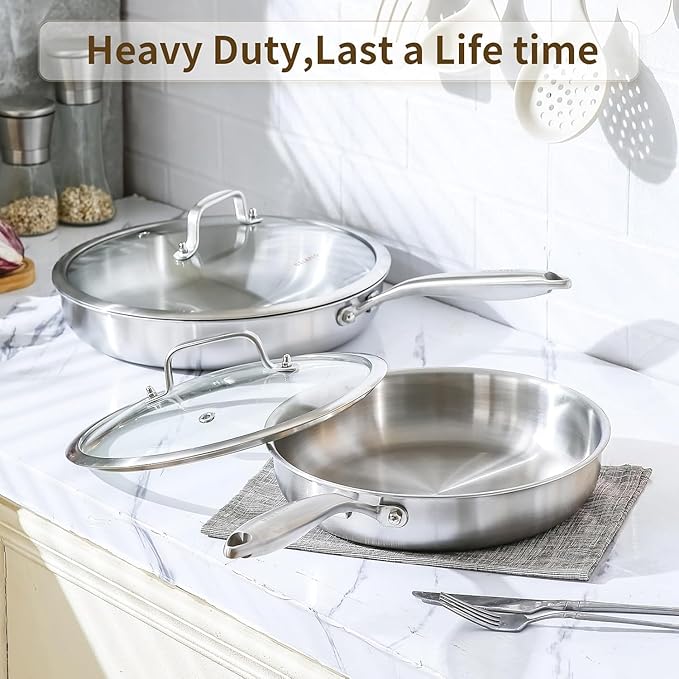 DELARLO 2-Piece Stainless Steel Pan 12-inch & 14-Inch, Frying Pan with Lid, Heavy Duty, Compatible with Induction, Electric up to 650?? Fast & Even Heating, Durable, Dishwasher, Oven Safe Skillet