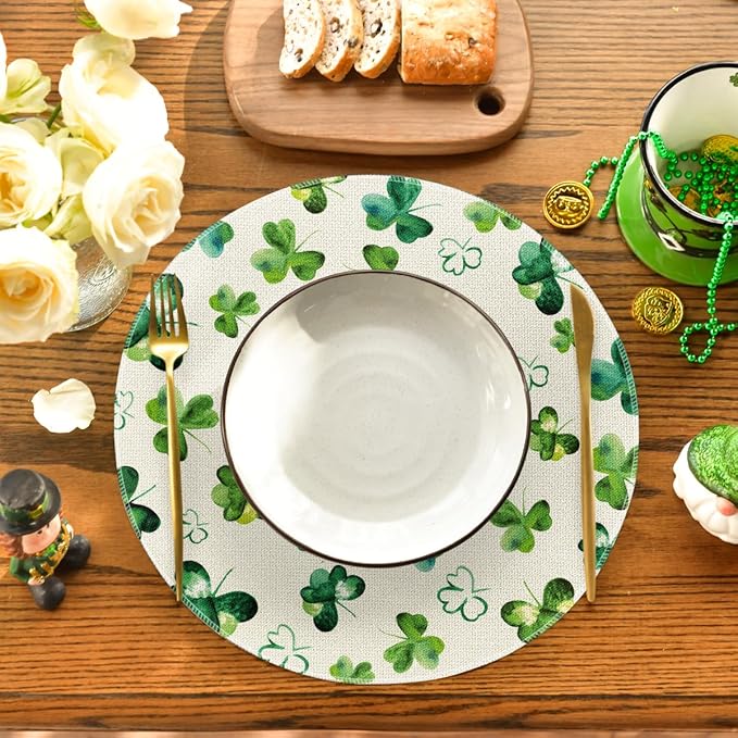 Artoid Mode Lucky Shamrock St. Patrick's Day Round Placemats Set of 4,14 Inch Seasonal Spring Farmhouse Table Mats for Party Kitchen Dining Decoration