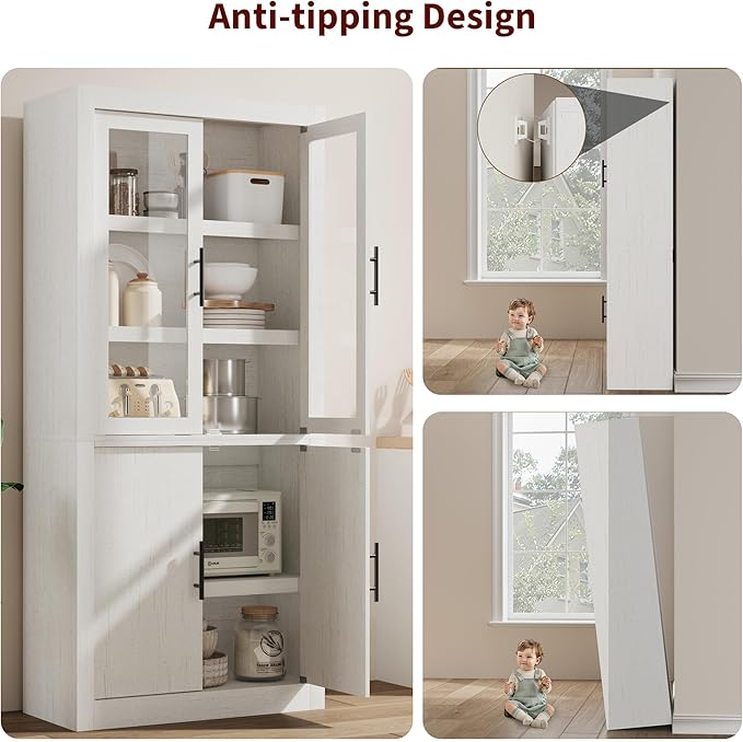 70.45??Tall Farmhouse Kitchen Pantry Cabinet, Wood Storage Cabinet with 4 Doors & Adjustable Shelves, Anti-Tip Design, Sturdy Bookcase for Kitchen/Dining/Office, Rustic White-Glass