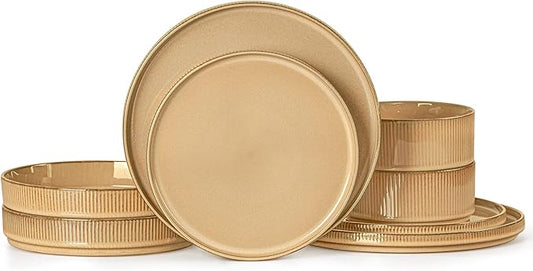LIANYU 8 Piece Dinnerware Plates and Bowls for 2, Ceramic Elegant Stoneware Dishes Sets with Pasta Bowls, Modern Ribbed Dining Ware Dishware for Restaurant Wedding, Dishwasher Safe, Dune Khaki