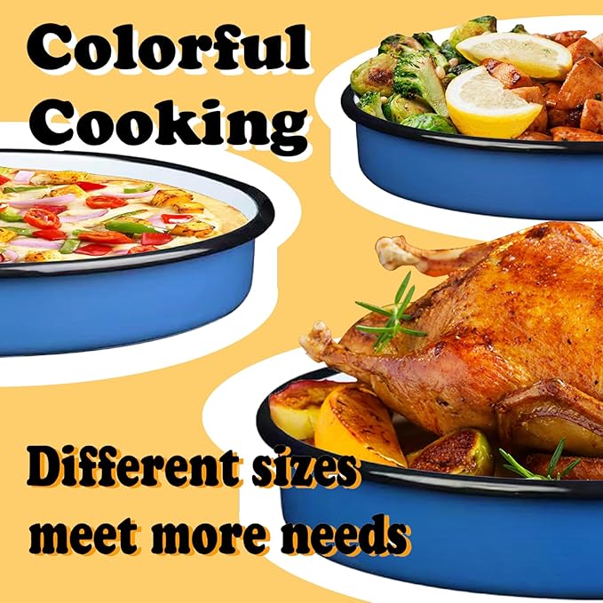 3-Pack Enamel Roasting & Baking Pan Set 10/12/14 Inch Round Deep Cake Pans for Turkey Pizza Casseroles Desserts Oven & Dishwasher High Temperature Resistance Baking Dishes Gifts for Mom Wife Christmas