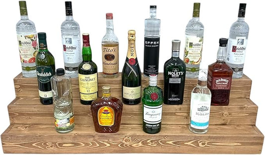 Handmade Tiered Display Shelving - Three Tier Bar Display - Bar Organizer - Liquor Bottle Display (42" with Back, Special Walnut)